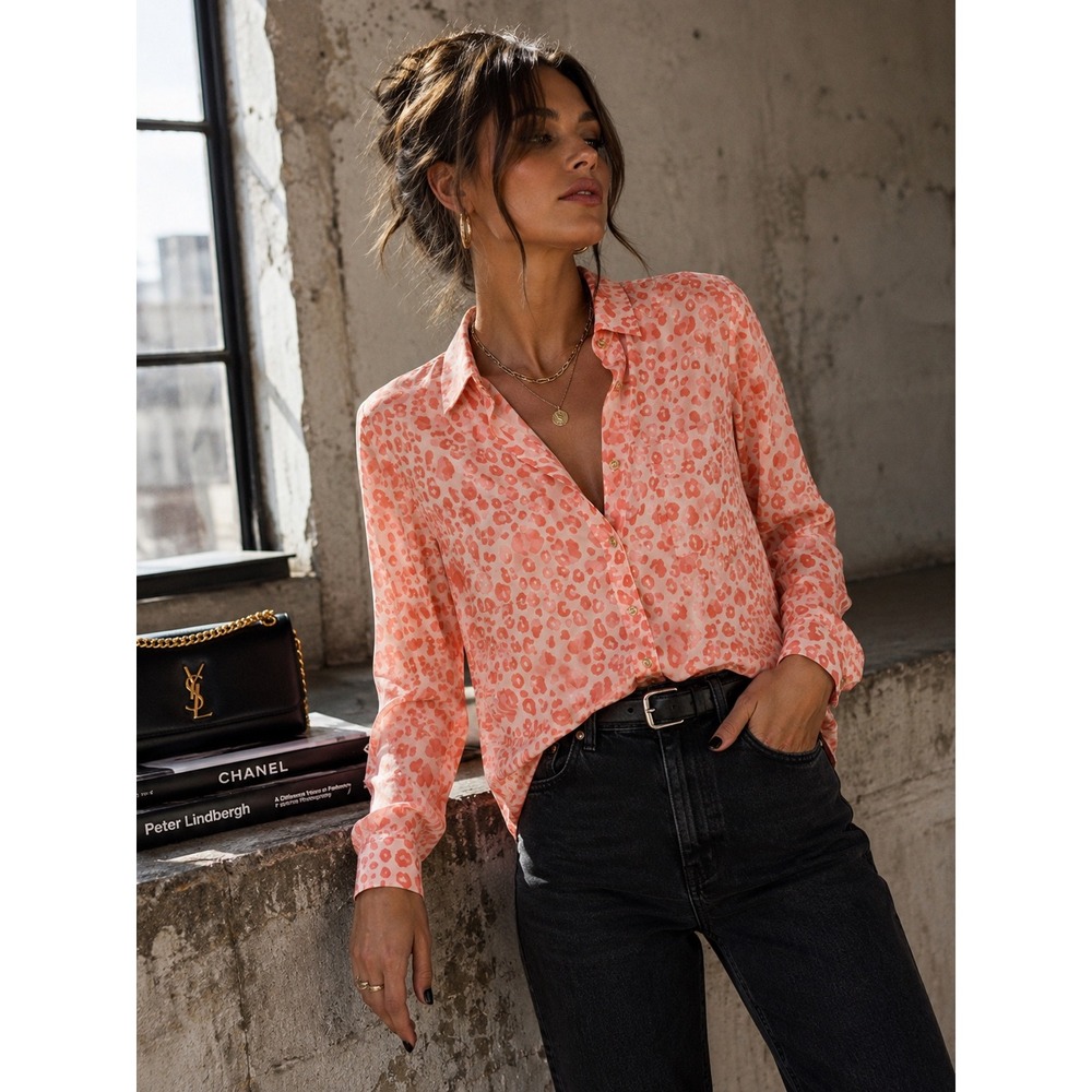C Wonder 100% Silk Leopard Print Button Down Blouse Pink Orange Small NWOT
